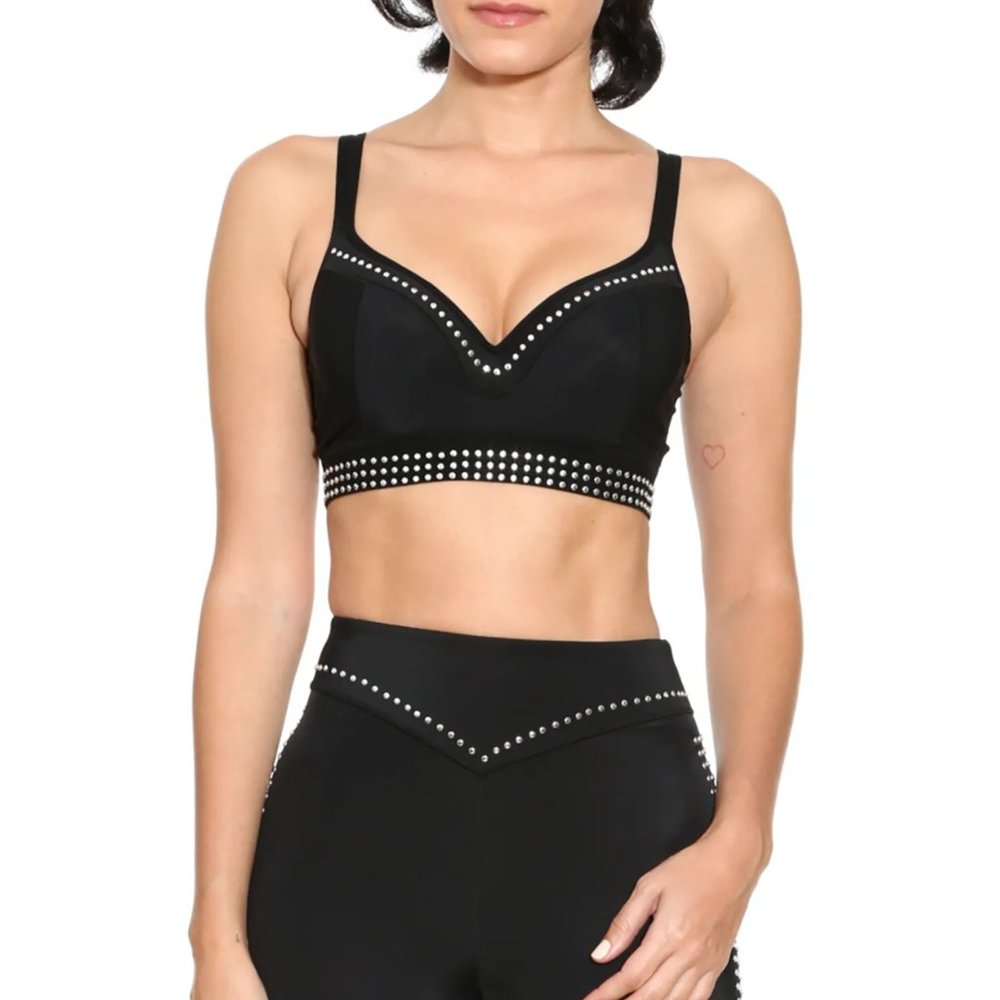 Adam Selman Black Studded Trim Plunge Push It Sports Bra Rhinestone Diamonds